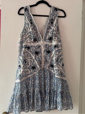 Anthropologie Blue and White Printed Tiered Mini Dress